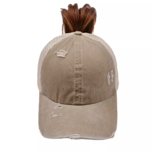 NWT “Perfectly Imperfect”Leather Patch Distressed Ponytail Trucker Hat - Picture 6 of 15